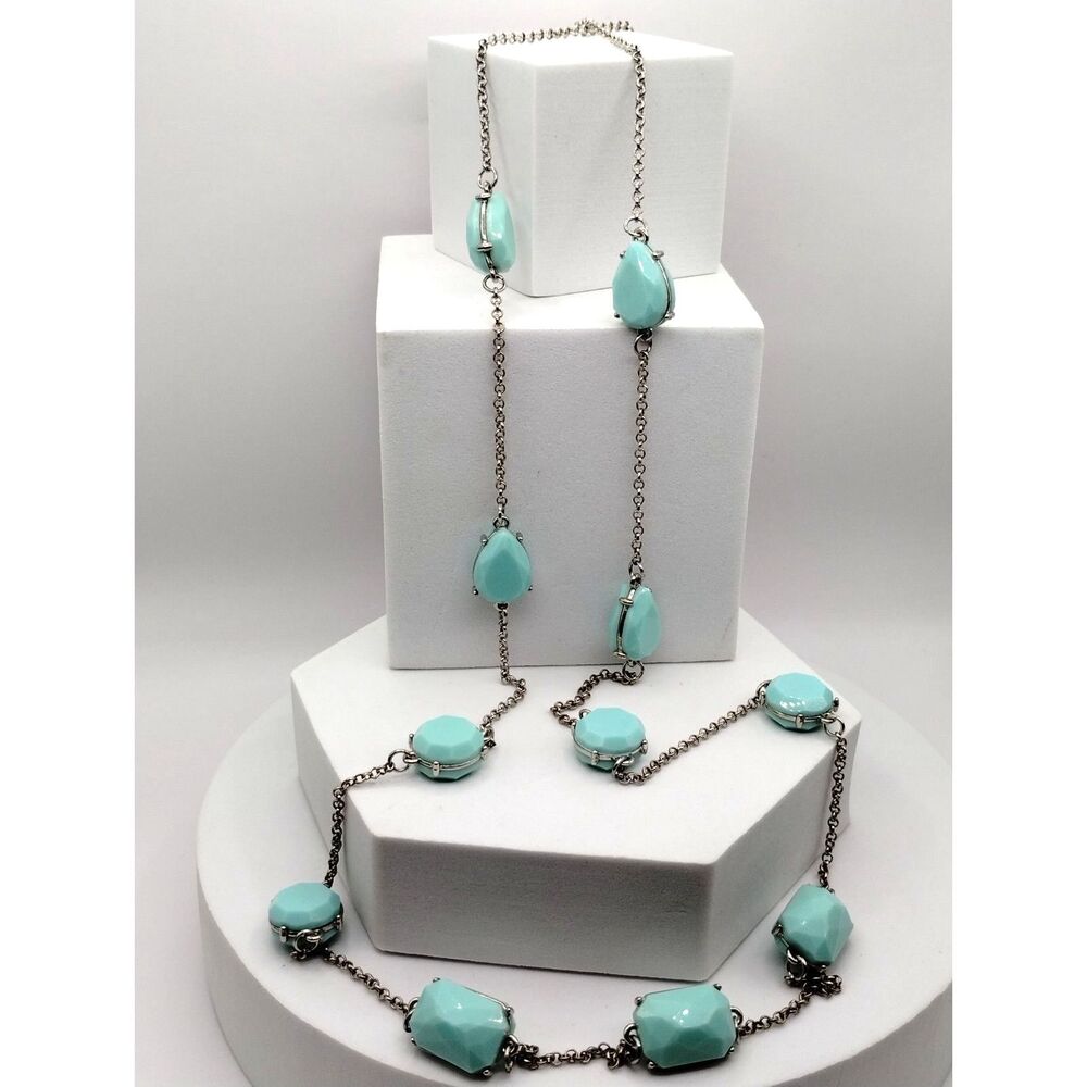 Designer 1946 Signed Necklace Chain, Lucite Seafoam Green Beads Teardrop, Round